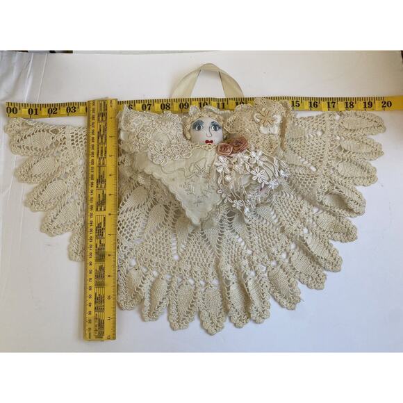 Vtg Handmade Hanging Doll Pin Cushion Crochet Doily Skirt Appliqués Ribbon 20x12 - Picture 10 of 10